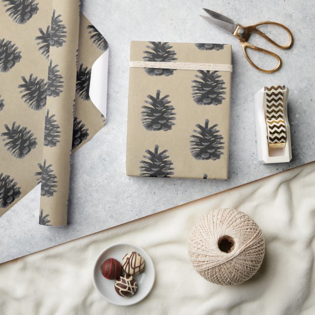 Papel De Presente Árvore moderna, Fir, preto na pedra (Artesanato)