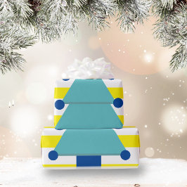 Papel De Presente Árvore Natal Azul Amarelo Branco