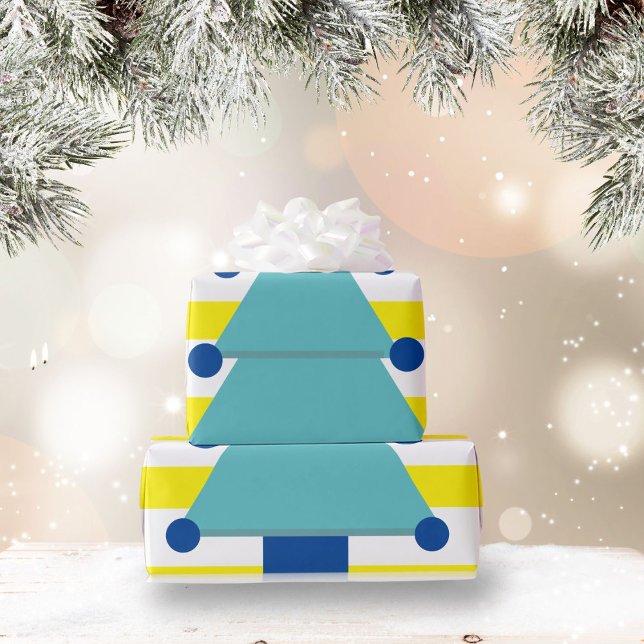 Papel De Presente Árvore Natal Azul Amarelo Branco (Criador carregado)