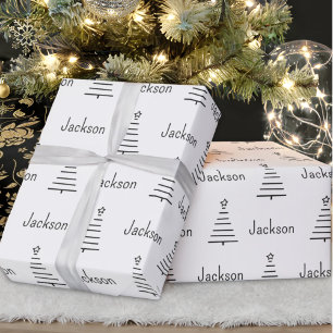 Papel De Presente Árvore Natal de Nome Personalizado Preto e Branco