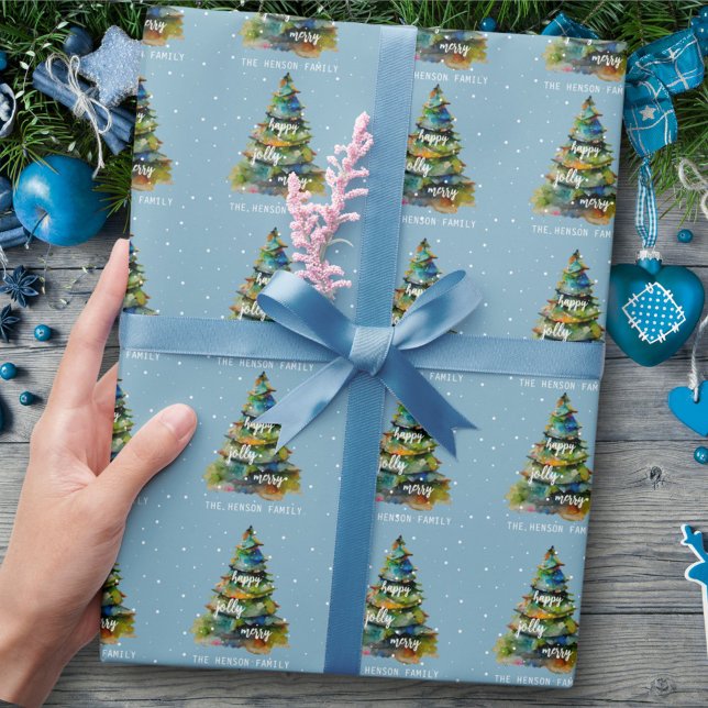 Papel De Presente Árvore Natal Feliz de Aquarela Feliz Azul (Criador carregado)