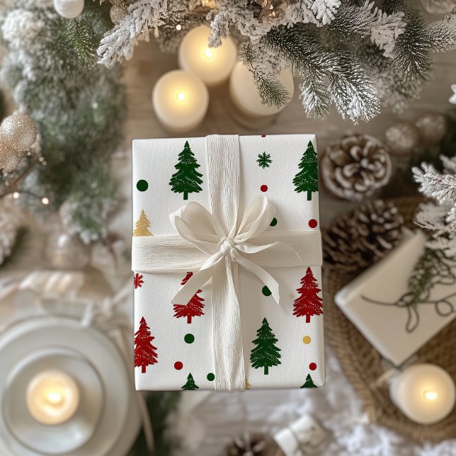 Papel De Presente Árvore Natal Festiva Vermelho, Verde e Dourado (Criador carregado)