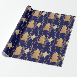 Papel De Presente Árvore natalícia Indigo Azul Rico Dourado Madeira 