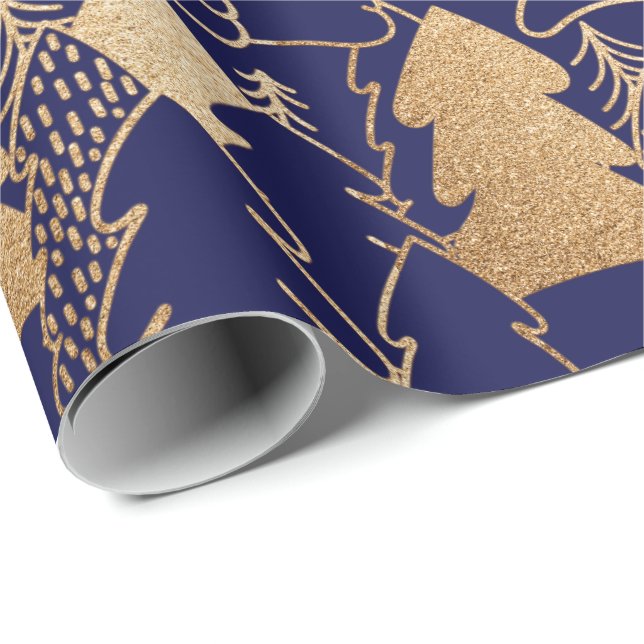 Papel De Presente Árvore natalícia Indigo Azul Rico Dourado Madeira  (Ponta do rolo)