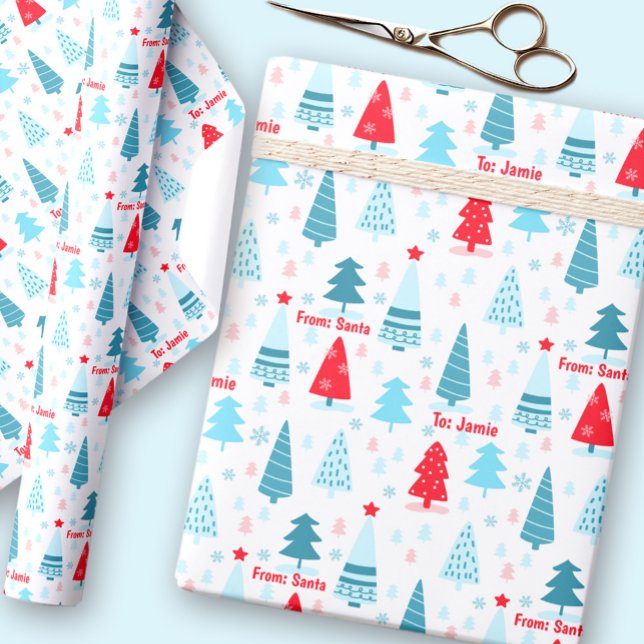 Papel De Presente Árvore natalícia - Nórdico - Simples - Vermelho -  (Christmas Tree Nordic Simple Blue Red Custom Name Wrapping Paper)