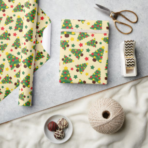 Papel De Presente Árvore natalícia, ornamentos e estrelas sem costur