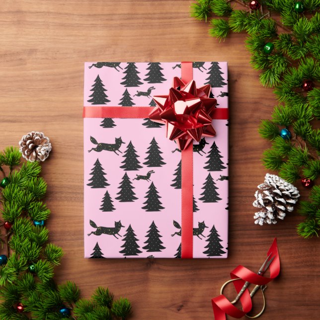 Papel De Presente Árvore Negra de Natal Moderna, Pink (Presente de Natal)