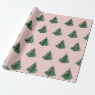 Papel De Presente Árvore Pinheira de Aquarela Natal Rosa