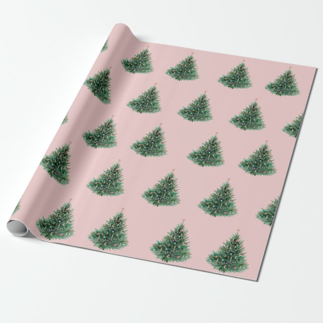 Papel De Presente Árvore Pinheira de Aquarela Natal Rosa (Desenrolado)