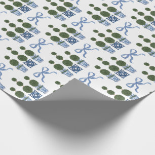 Papel De Presente Árvore Topiária em Chinoiserie com Laço Azul