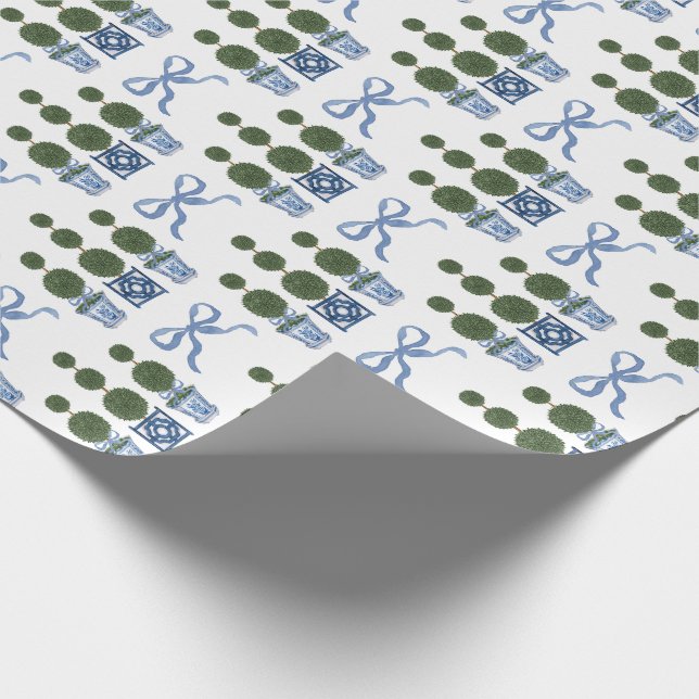 Papel De Presente Árvore Topiária em Chinoiserie com Laço Azul (Ponta)