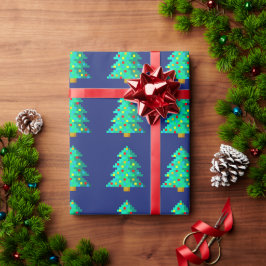 Papel De Presente Árvore verde de Natal de 8 bits com fundo azul