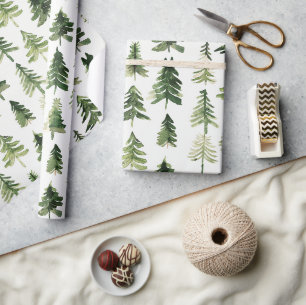 Papel De Presente Árvore verde de pinheiro de inverno de Aquarela