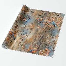 Papel De Presente Árvores altas, Folhas de outono e Aves Azuis.