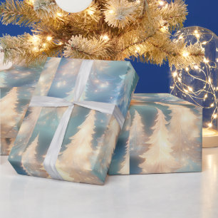 Papel De Presente Árvores Azuis e Brancas Natal Moderno