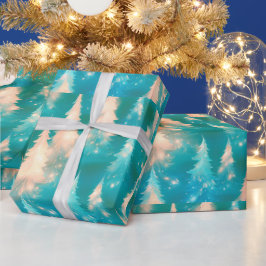 Papel De Presente Árvores brancas verdes azuis Natal moderno