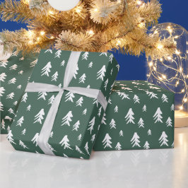 Papel De Presente Árvores brancas verdes ilustram o padrão de natal