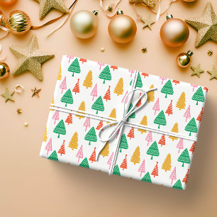 Papel De Presente Árvores Coloridas de Feriado Desenhadas à Mão