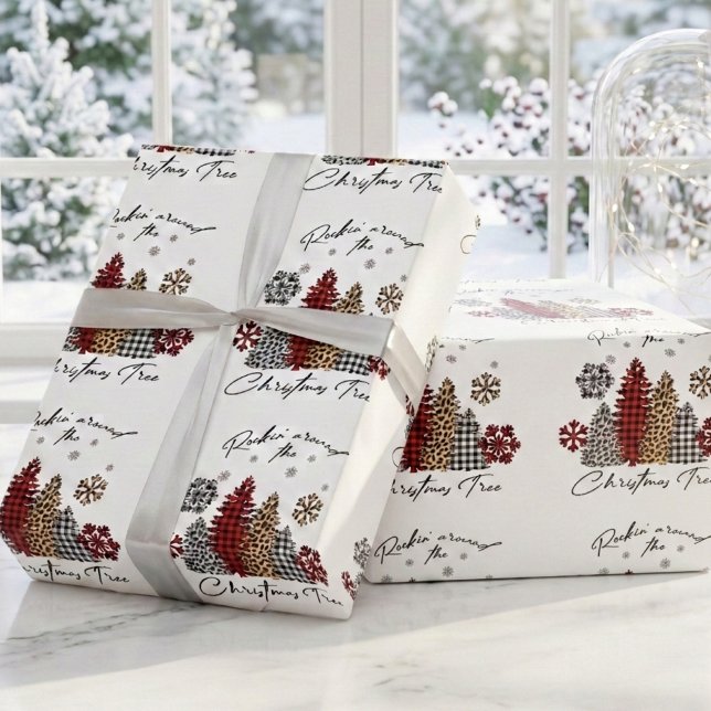 Papel De Presente Árvores com Xadrez de Natal e Estampa de Leopardo  (Criador carregado)