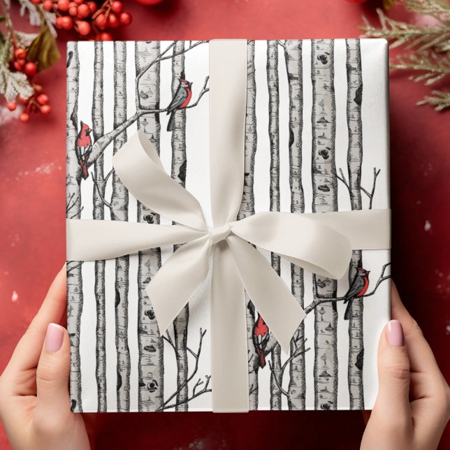 Papel De Presente Árvores de Aves Modernas e Aves Cardinais Vermelha (Modern Hand Drawn Red Cardinals Perched on Birch Tree Branches on an Elegant Ivory Background.)