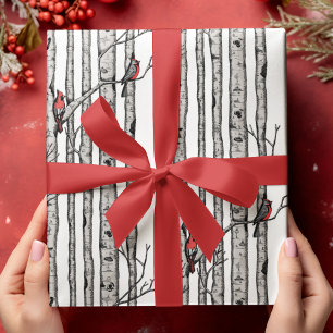 Papel De Presente Árvores de Aves Modernas e Aves Cardinais Vermelha