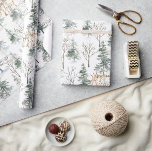 Papel De Presente Árvores de Inverno Nevadas Joyeux Noel Tipografia