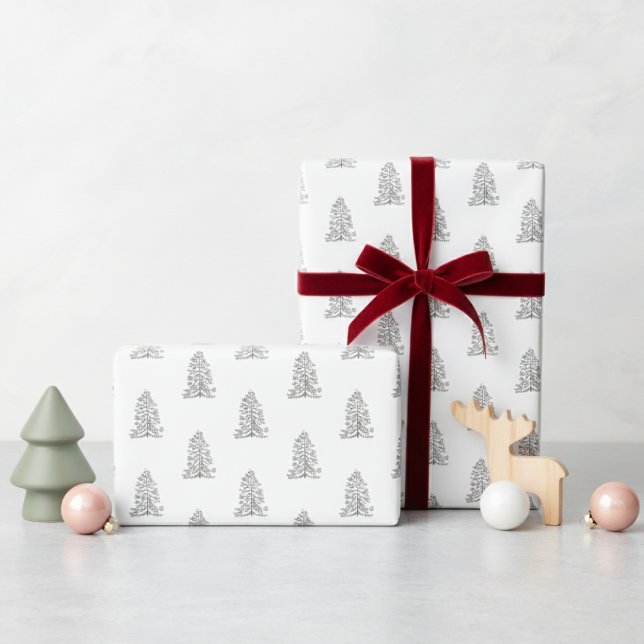 Papel De Presente Árvores de Inverno Padrão de Férias Branco (Modern Christmas Simple Festive Tree Pattern Xmas Gift Wrap. Hand Drawn Minimal Winter Tree & Star)