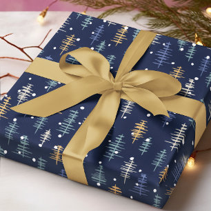 Papel De Presente Árvores de Natal Abstratas em Azul Branco e Dourad