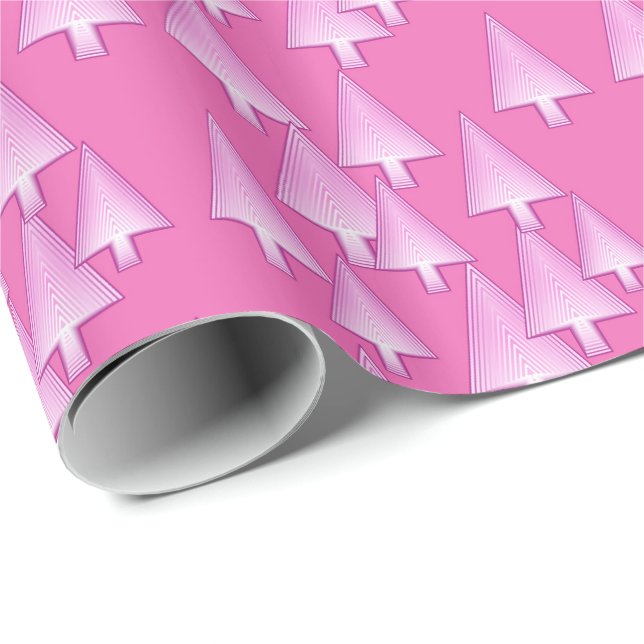 Papel De Presente Árvores de natal, aparência metálica 3d, rosa (Ponta do rolo)