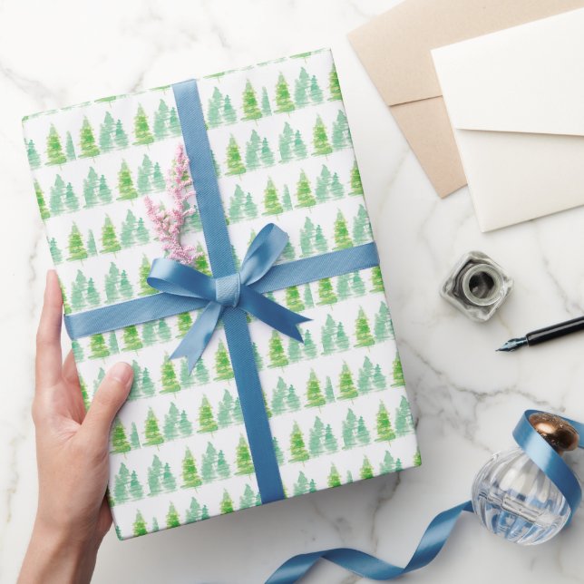 Papel De Presente Árvores de Natal aquarela verde branco (Presentear)