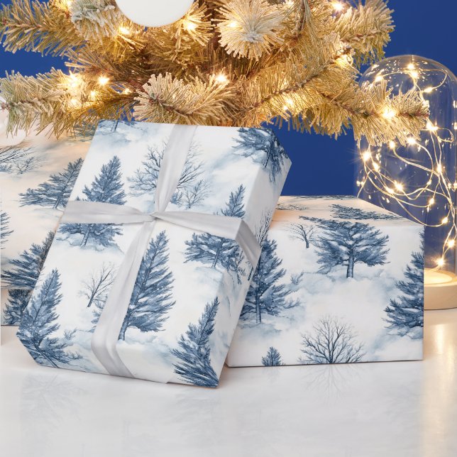 Papel De Presente Árvores de Natal Azuis com Neve Branca (Feriados)