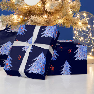 Papel De Presente Árvores de Natal Azuis de Inverno com Frutas de Az