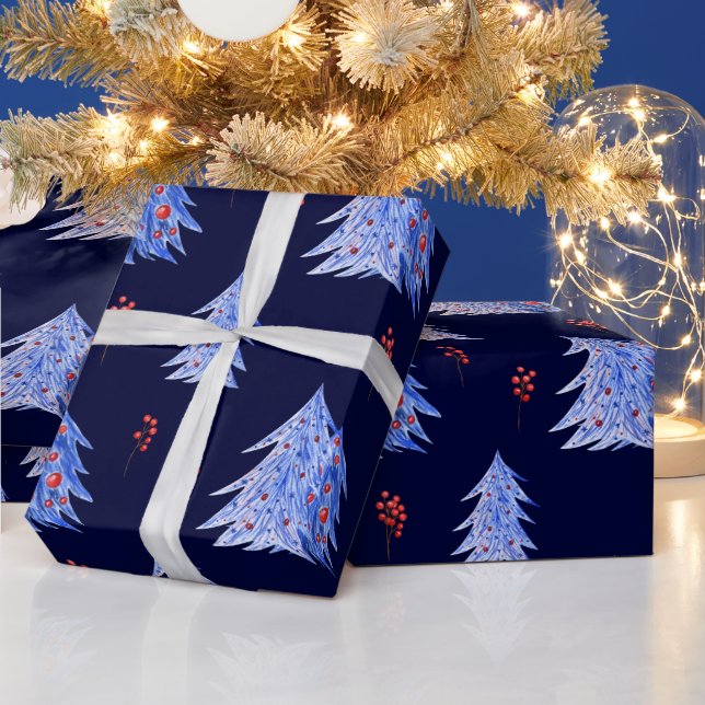 Papel De Presente Árvores de Natal Azuis de Inverno com Frutas de Az (Feriados)