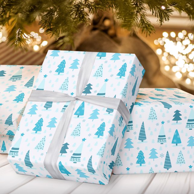 Papel De Presente Árvores de Natal Azuis Natal Moderno Natal (Blue Christmas trees Christmas wrapping paper)