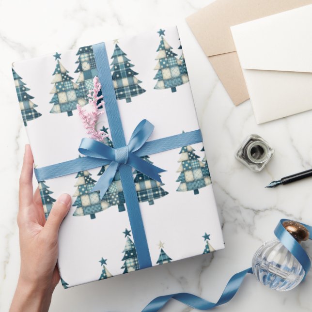 Papel De Presente Árvores de Natal Azul Verificadas (Presentear)