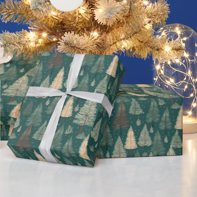 Papel De Presente Árvores de Natal Boho Bege Verde Feriado (Feriados)
