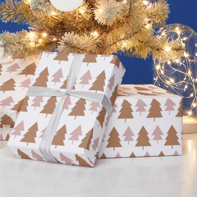 Papel De Presente Árvores de Natal Boho Terracota Rosa Branco Feriad (Feriados)