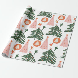 Papel De Presente Árvores de Natal Boho Verde Rosa Laranja