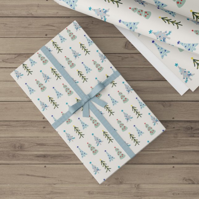 Papel De Presente Árvores de Natal bonitas (Icy blue and green hand-drawn Scandinavian Christmas trees wrapping paper for hygge holiday decor)