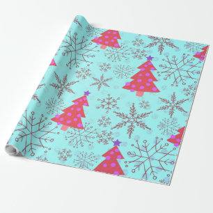 Papel De Presente Árvores de Natal bonitas com Flocos de Neve em Az
