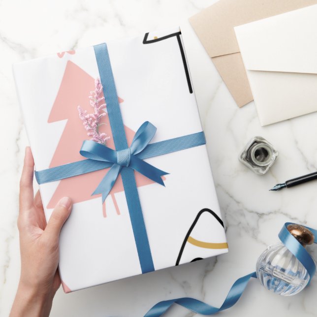 Papel De Presente Árvores de Natal bonitas, Douradas, Rosa (Presentear)