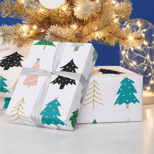 Papel De Presente Árvores de Natal bonitinhas modernas, verde-branco (Feriados)