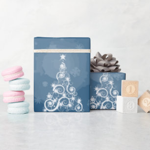 Papel De Presente Árvores de Natal Brancas Azul Moderno