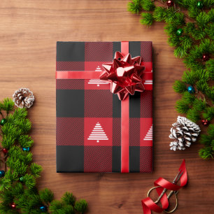 Papel De Presente Árvores de Natal Brancas da Xadrez Búfalo Negra e