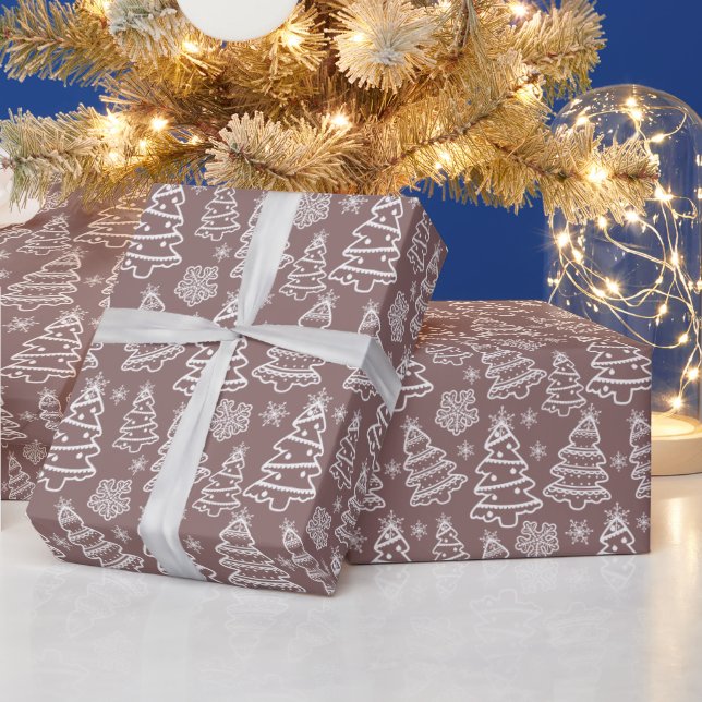 Papel De Presente Árvores de Natal Brancas e Flocos de Neve de Natal (Feriados)