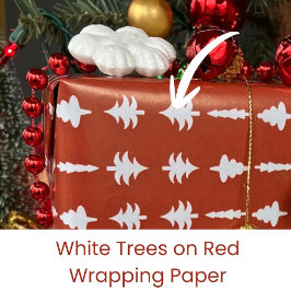 Papel De Presente Árvores de Natal Brancas em Vermelho