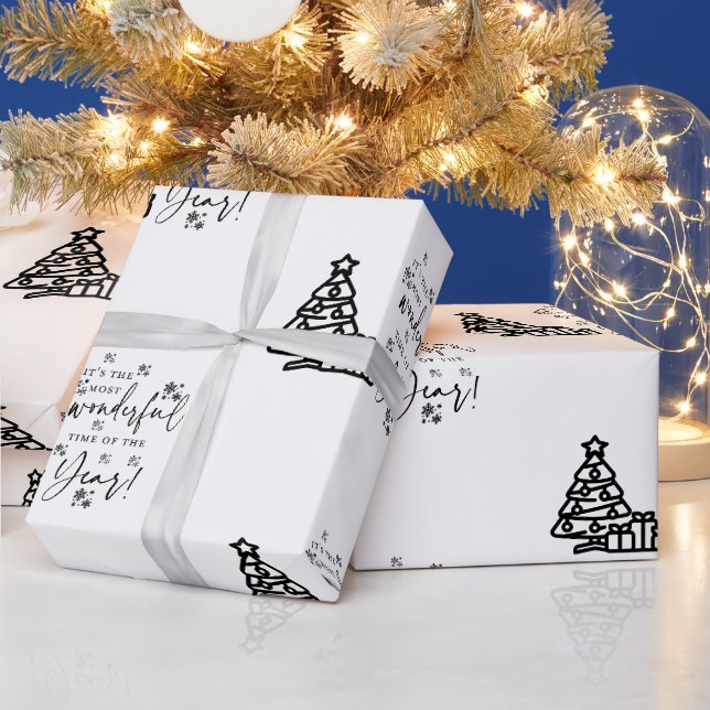 Papel De Presente Árvores de Natal Brancas Negras - Enxertos (Feriados)