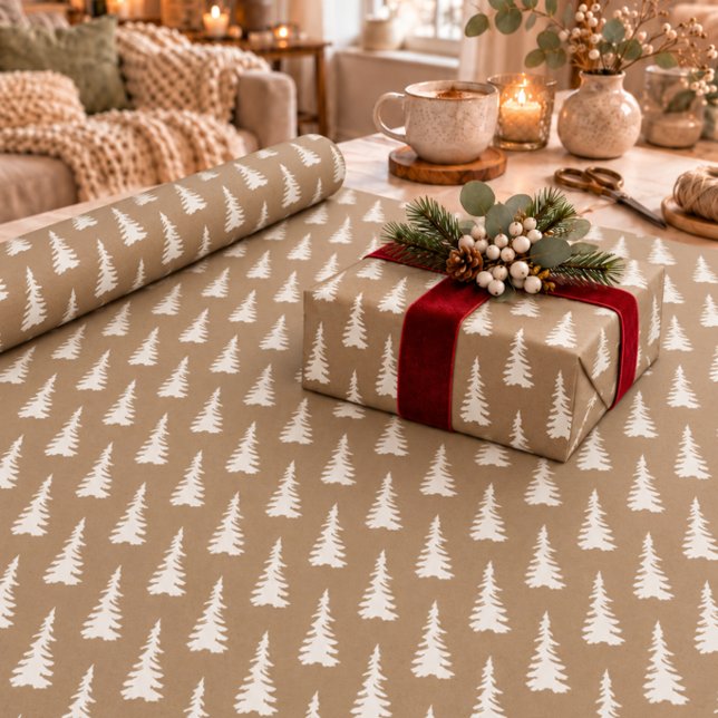 Papel De Presente Árvores de Natal Brancas Rústicas Kraft (Criador carregado)