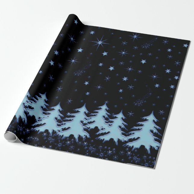 Papel De Presente Árvores de Natal brilhantes e estrelas no céu notu (Desenrolado)