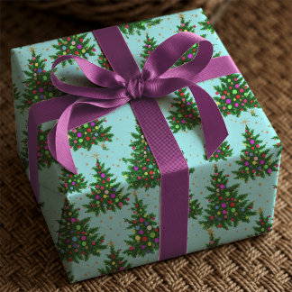 Papel De Presente Árvores de Natal Caprichosas Azuis Férias